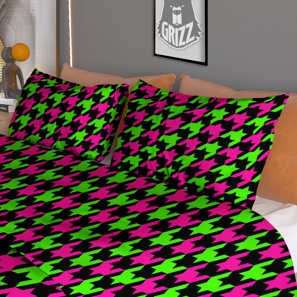 Houndstooth Green And Pink Print Pattern Duvet Cover Bedding Set