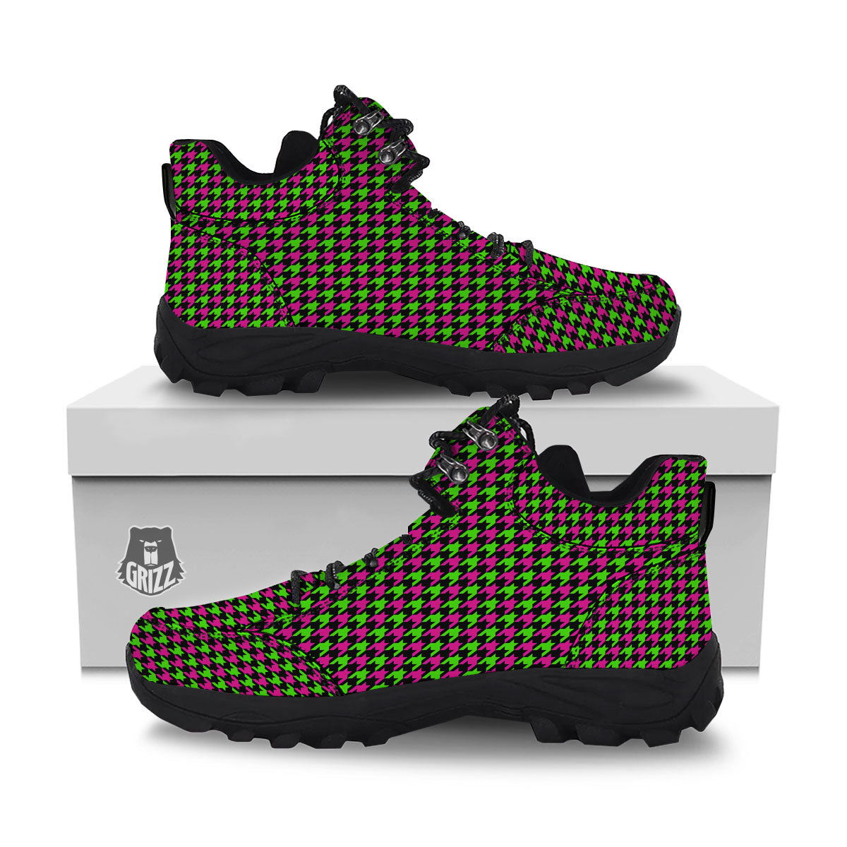 Houndstooth Green And Pink Print Pattern Hiking Shoes-grizzshop