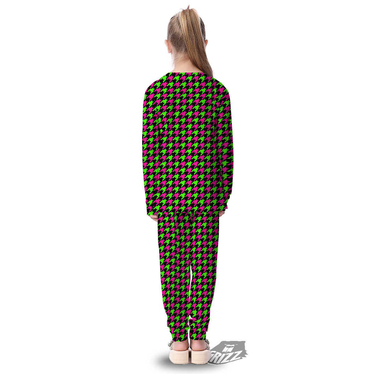 Houndstooth Green And Pink Print Pattern Kid's Pajamas-grizzshop