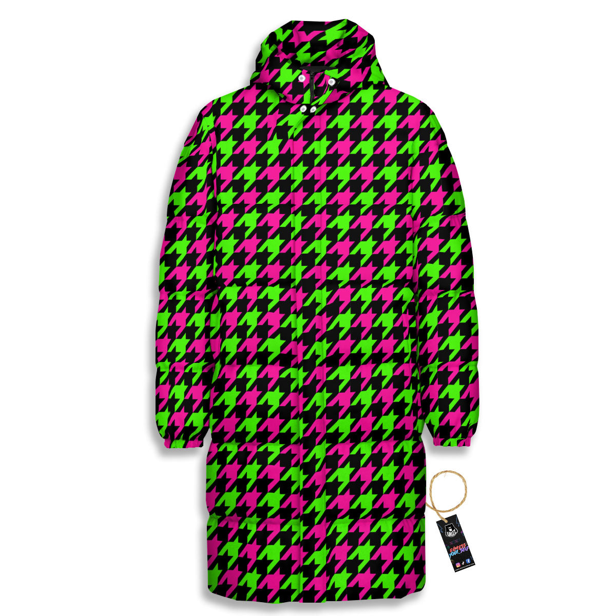 Houndstooth Green And Pink Print Pattern Long Down Jacket-grizzshop