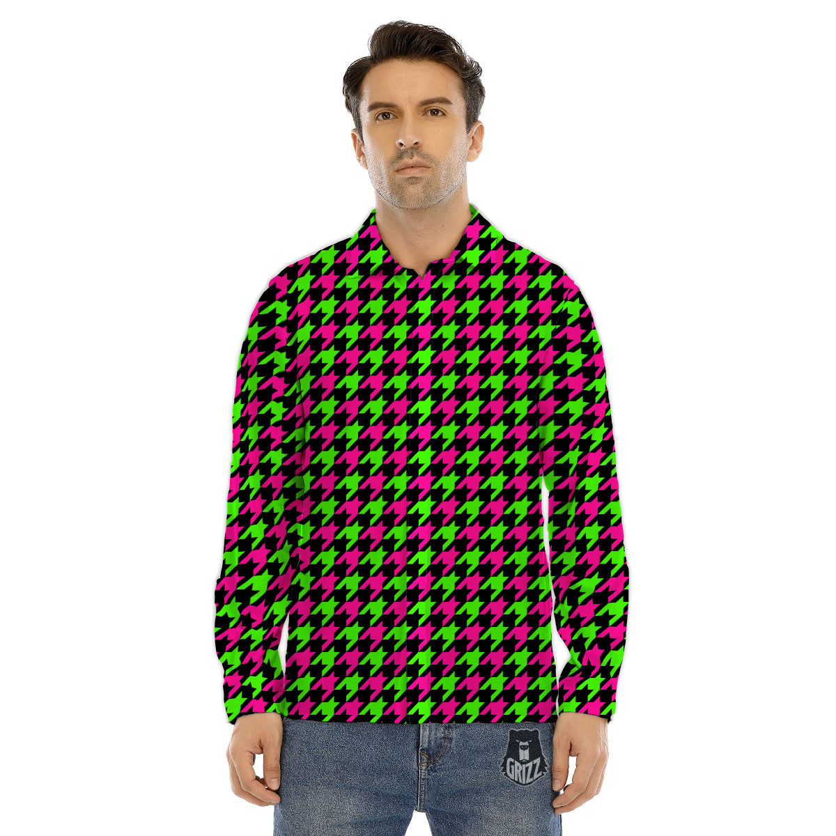 Houndstooth Green And Pink Print Pattern Men's Dress Shirts-grizzshop