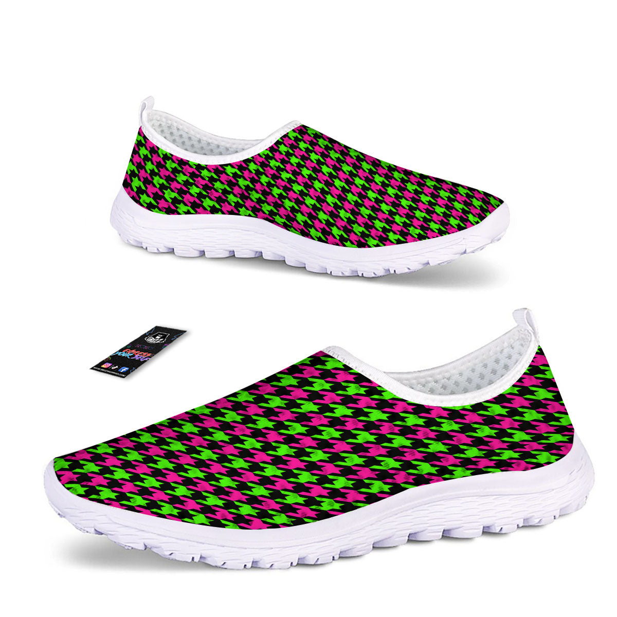 Houndstooth Green And Pink Print Pattern Nurse Shoes-grizzshop