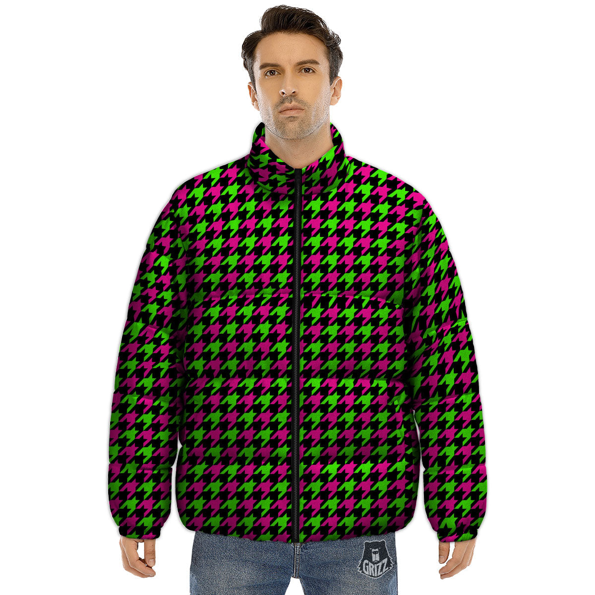 Houndstooth Green And Pink Print Pattern Puffer Jacket-grizzshop