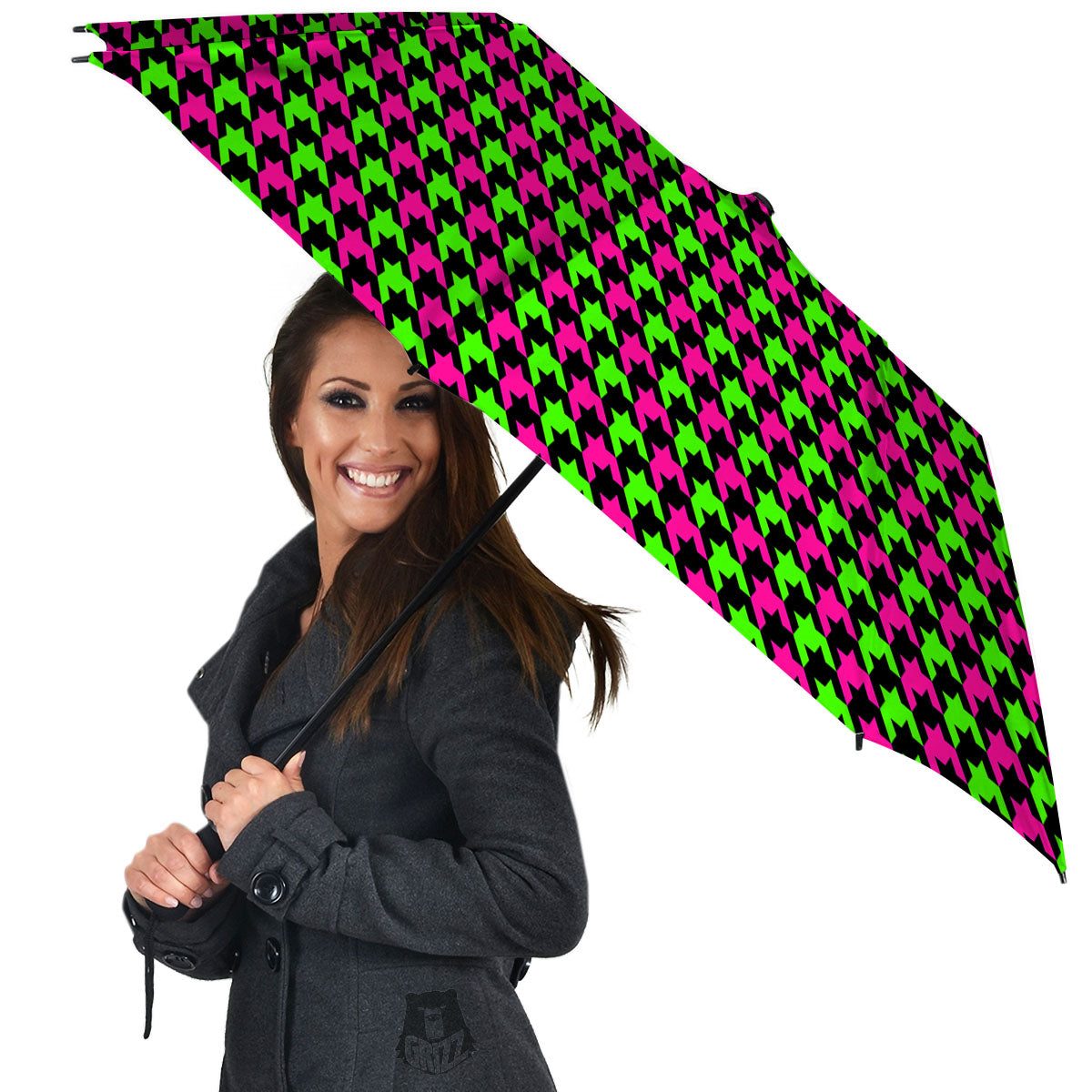 Houndstooth Green And Pink Print Pattern Umbrella-grizzshop