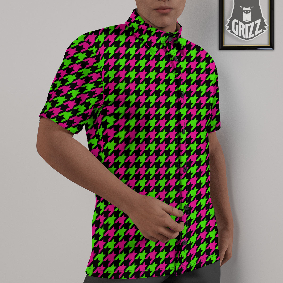 Houndstooth Green And Pink Print Pattern Untucked Shirts-grizzshop
