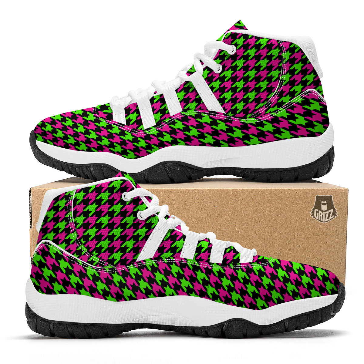 Houndstooth Green And Pink Print Pattern White Bball Shoes-grizzshop