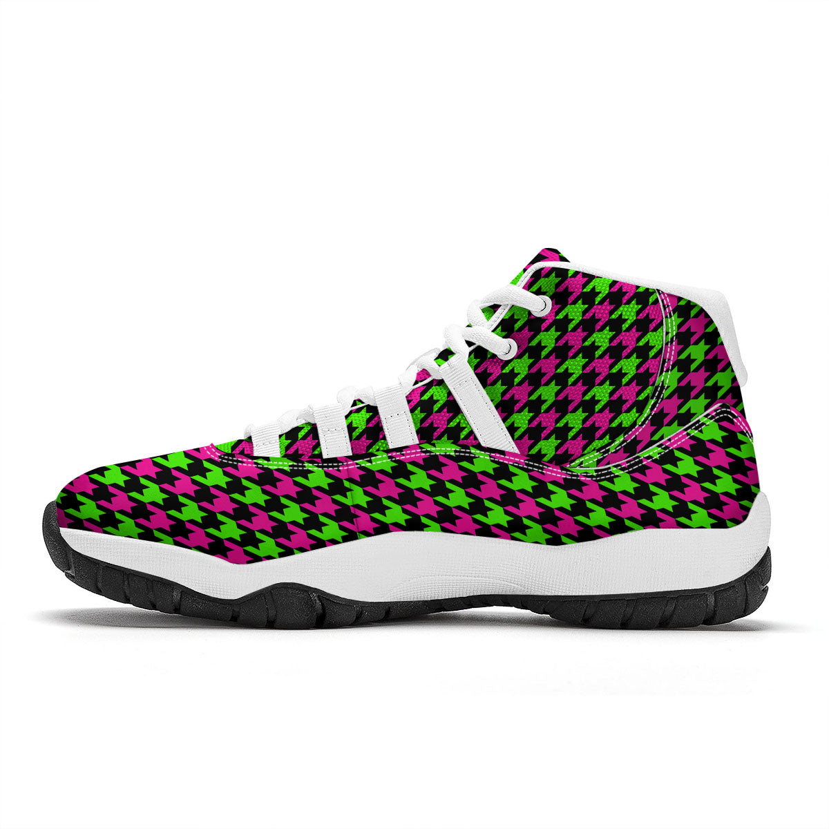 Houndstooth Green And Pink Print Pattern White Bball Shoes-grizzshop