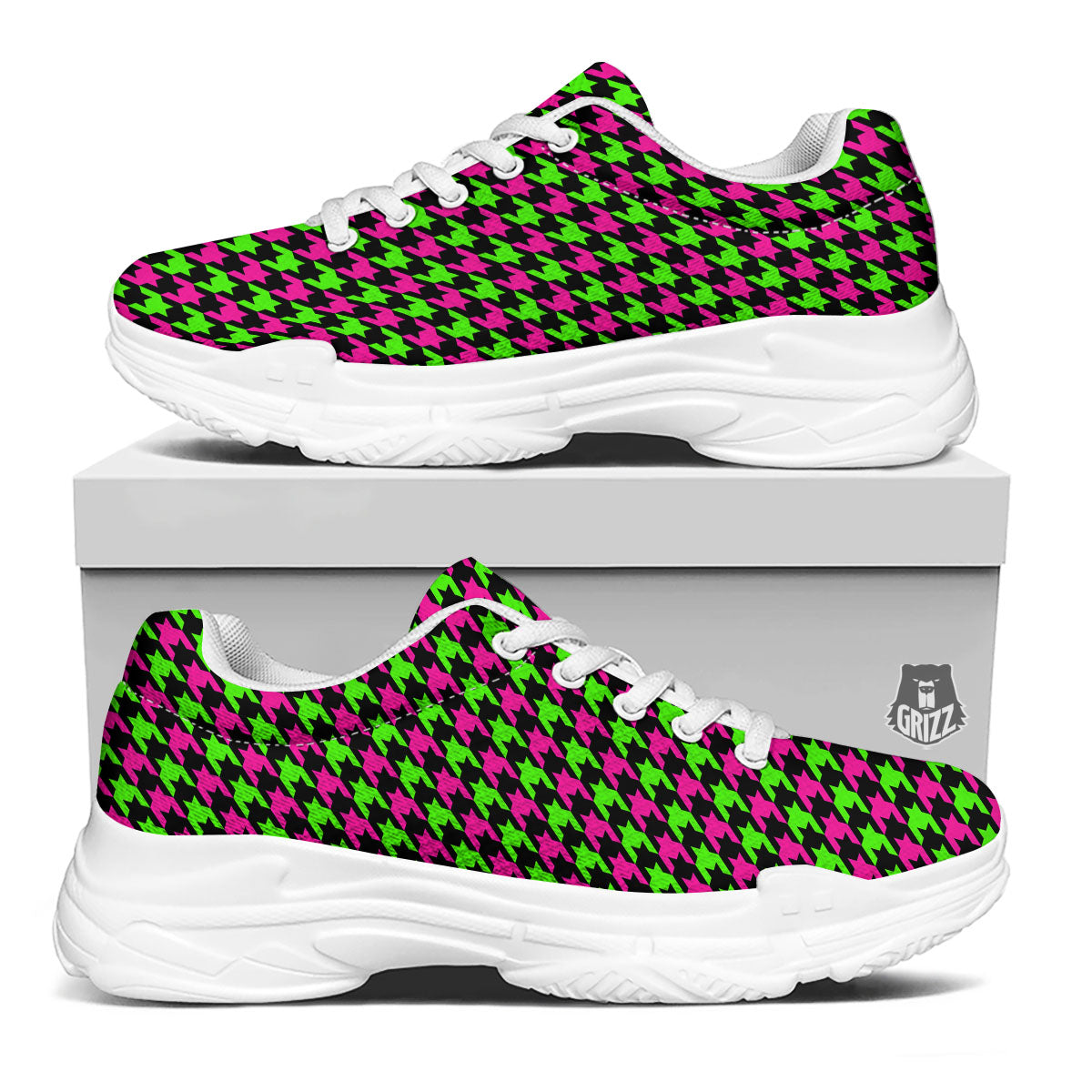 Houndstooth Green And Pink Print Pattern White Chunky Shoes-grizzshop