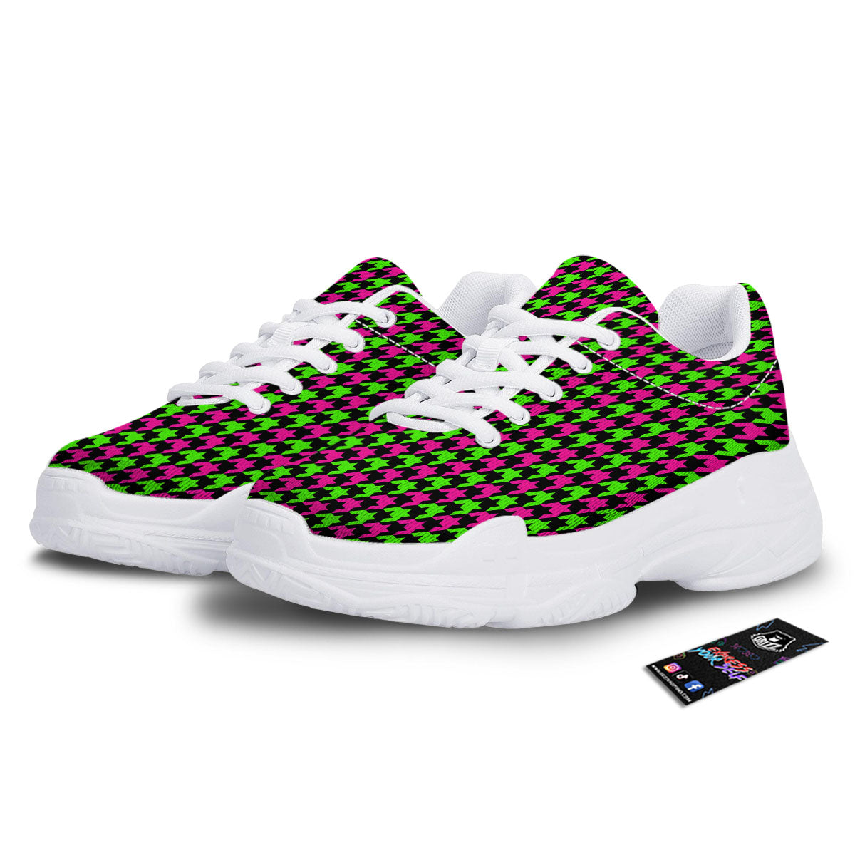 Houndstooth Green And Pink Print Pattern White Chunky Shoes-grizzshop
