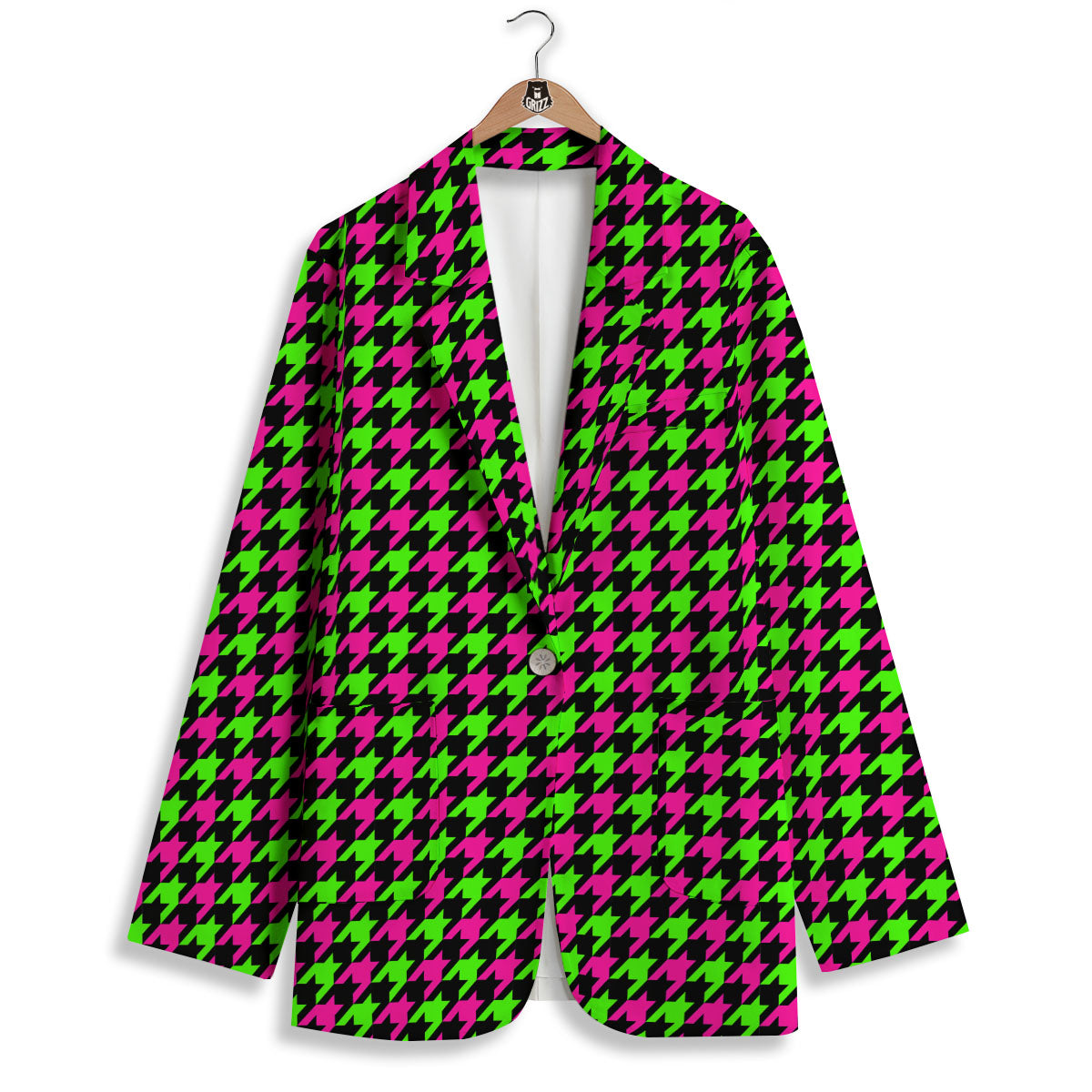 Houndstooth Green And Pink Print Pattern Women's Blazer-grizzshop