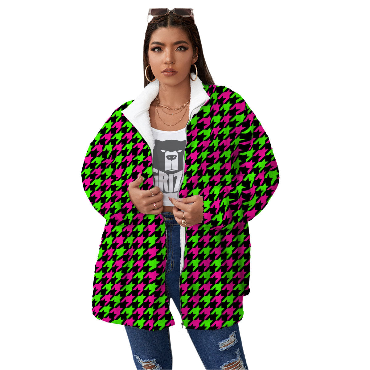 Houndstooth Green And Pink Print Pattern Women's Sherpa Jacket-grizzshop