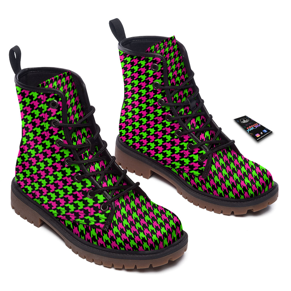 Houndstooth Green And Pink Print Pattern Work Boots-grizzshop