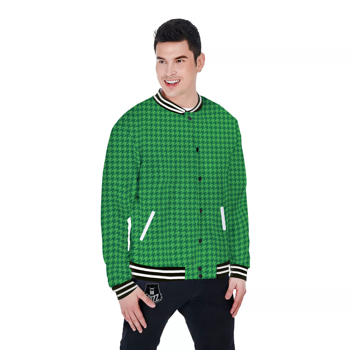 Houndstooth Green Print Pattern Baseball Jacket-grizzshop