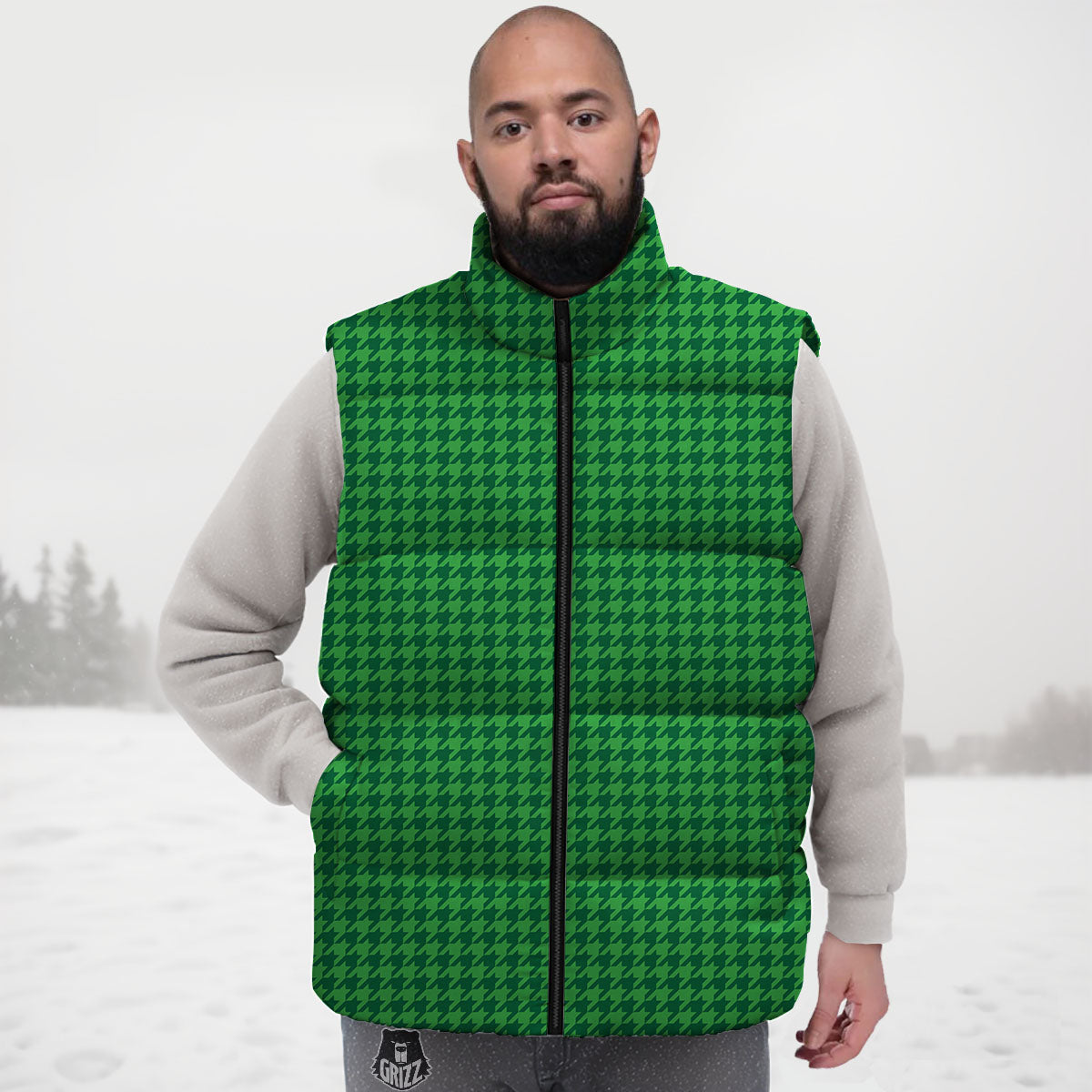 Houndstooth Green Print Pattern Down Vest