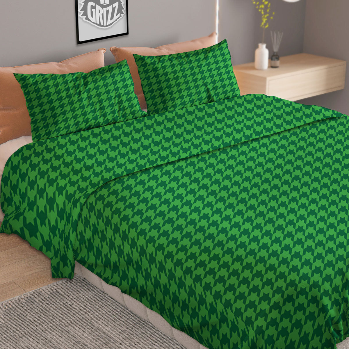 Houndstooth Green Print Pattern Duvet Cover Bedding Set