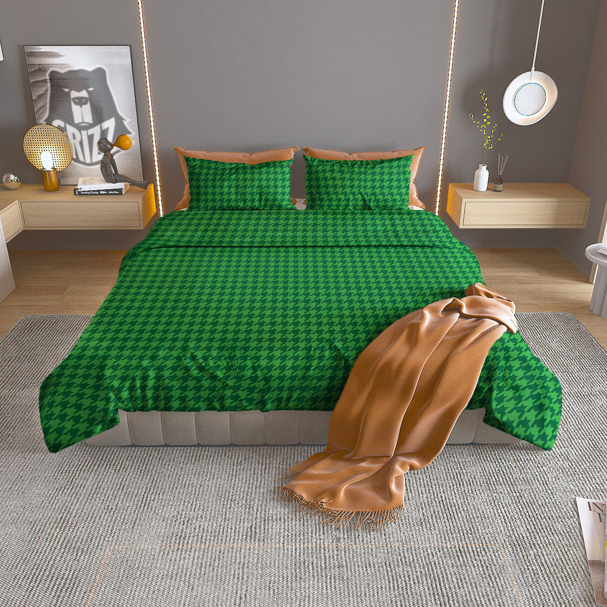 Houndstooth Green Print Pattern Duvet Cover Bedding Set