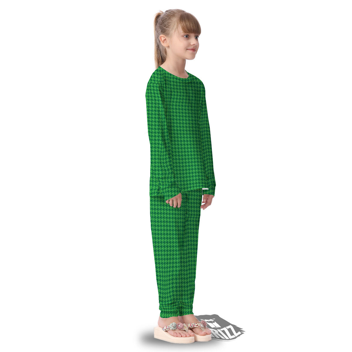 Houndstooth Green Print Pattern Kid's Pajamas-grizzshop