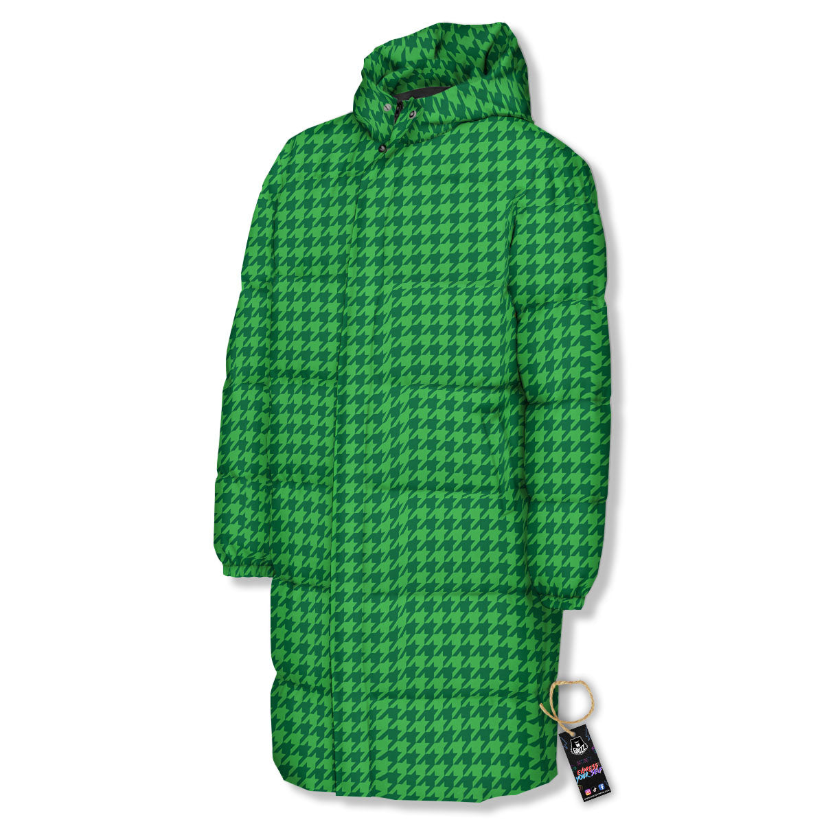 Houndstooth Green Print Pattern Long Down Jacket-grizzshop