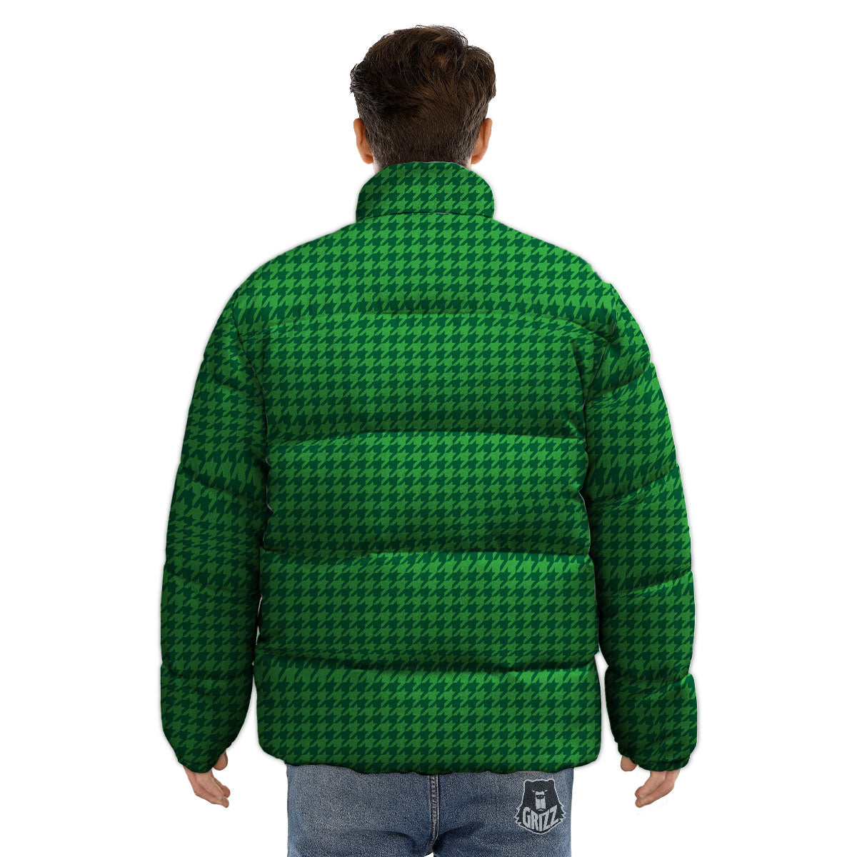 Houndstooth Green Print Pattern Puffer Jacket-grizzshop