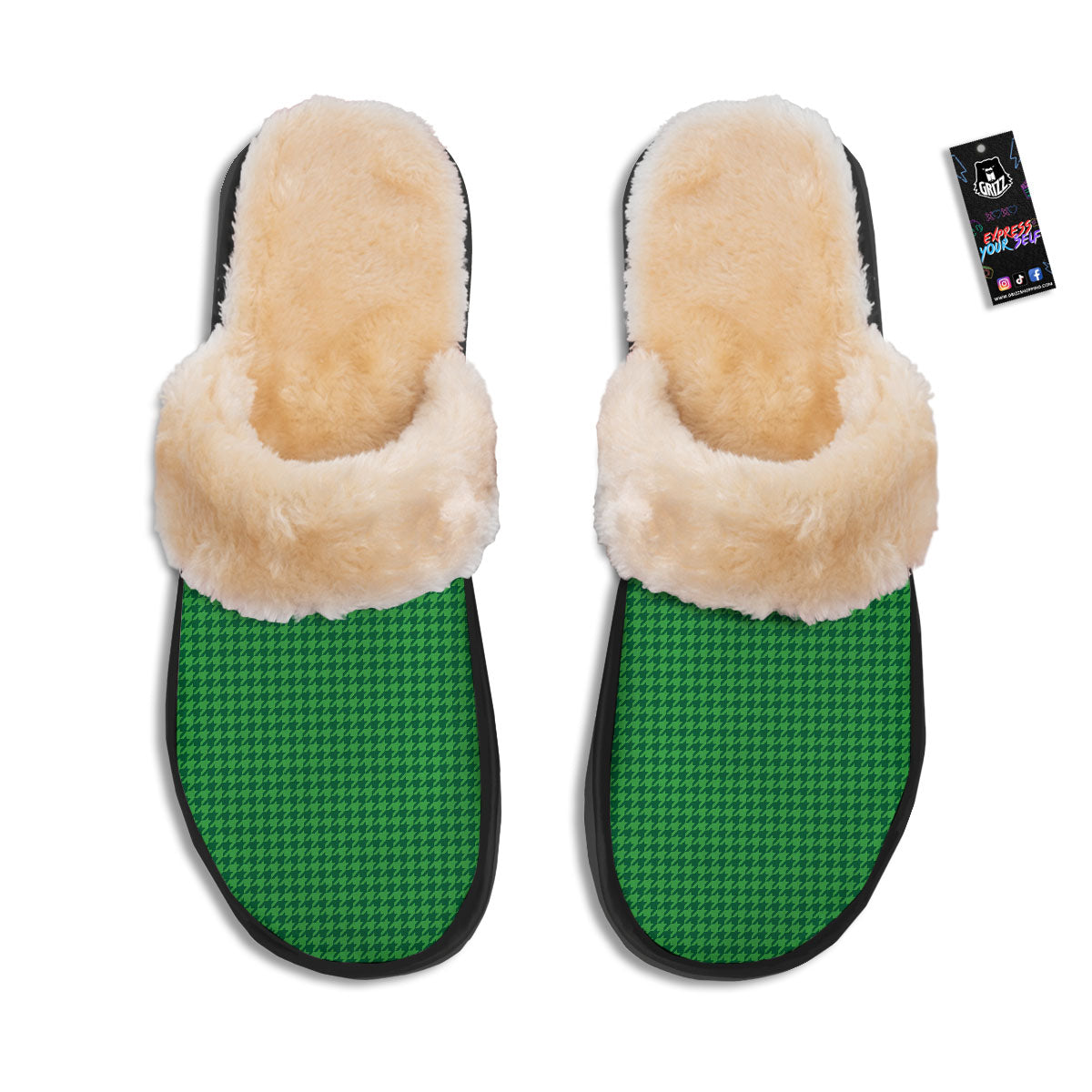 Houndstooth Green Print Pattern Slippers-grizzshop