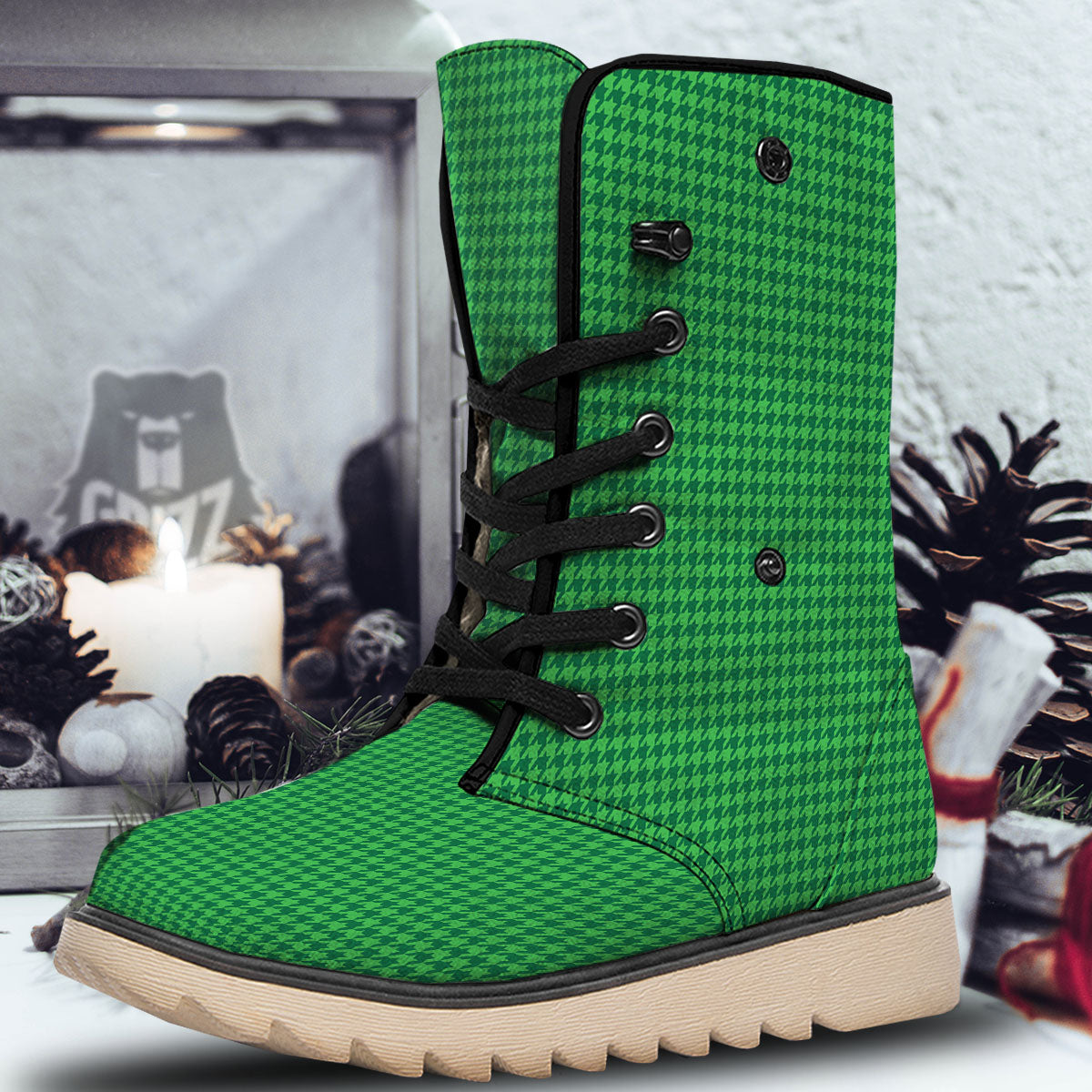 Houndstooth Green Print Pattern Snow Boots-grizzshop