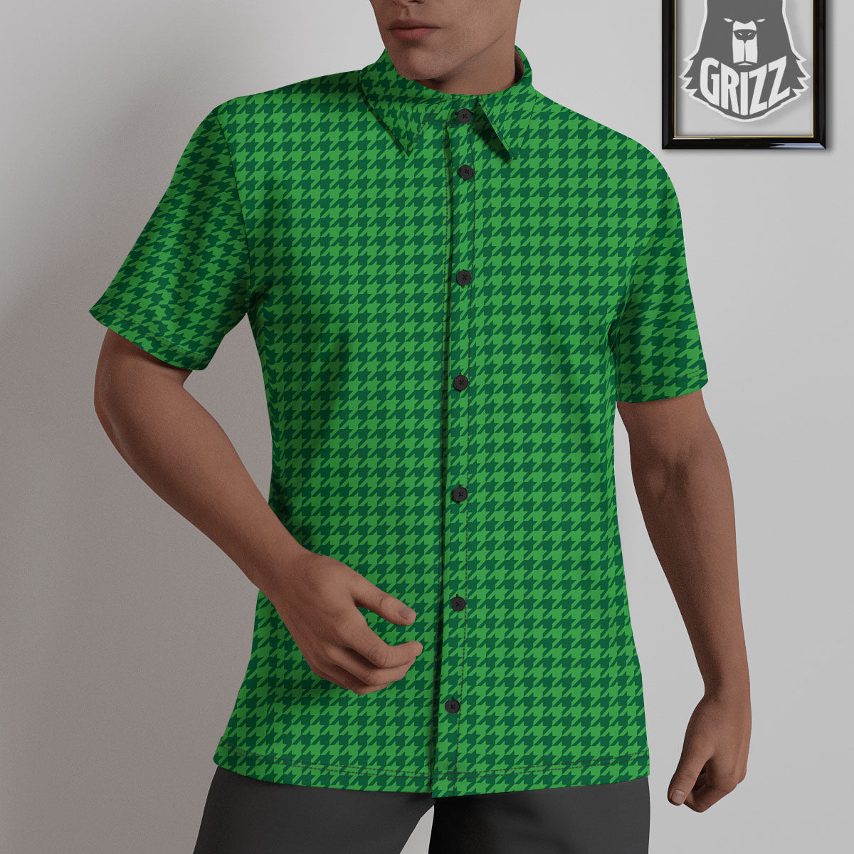 Houndstooth Green Print Pattern Untucked Shirts-grizzshop