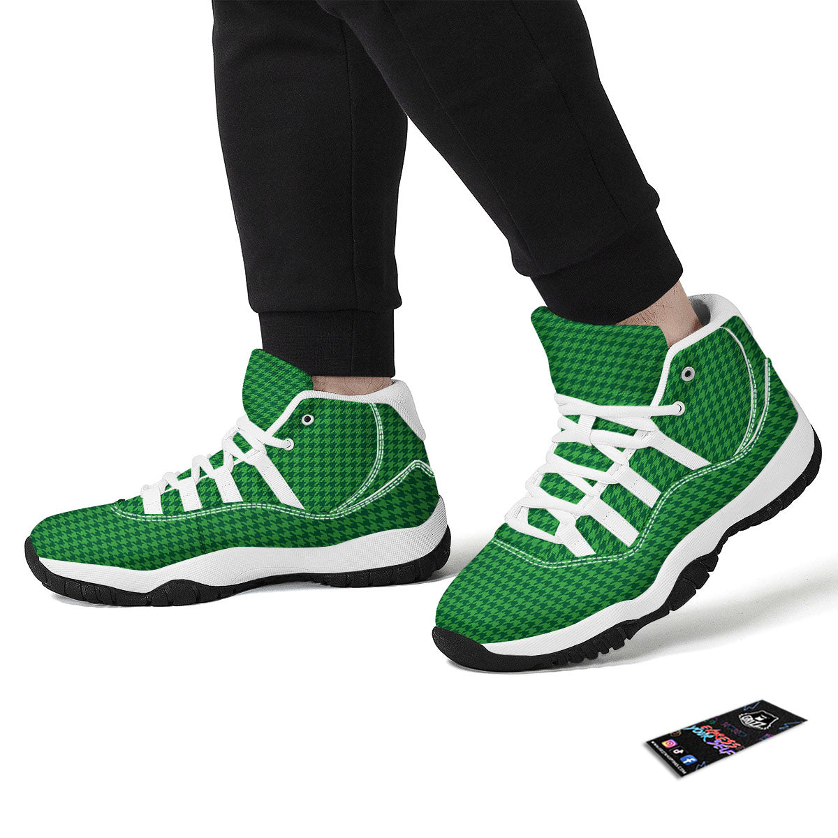 Houndstooth Green Print Pattern White Bball Shoes-grizzshop