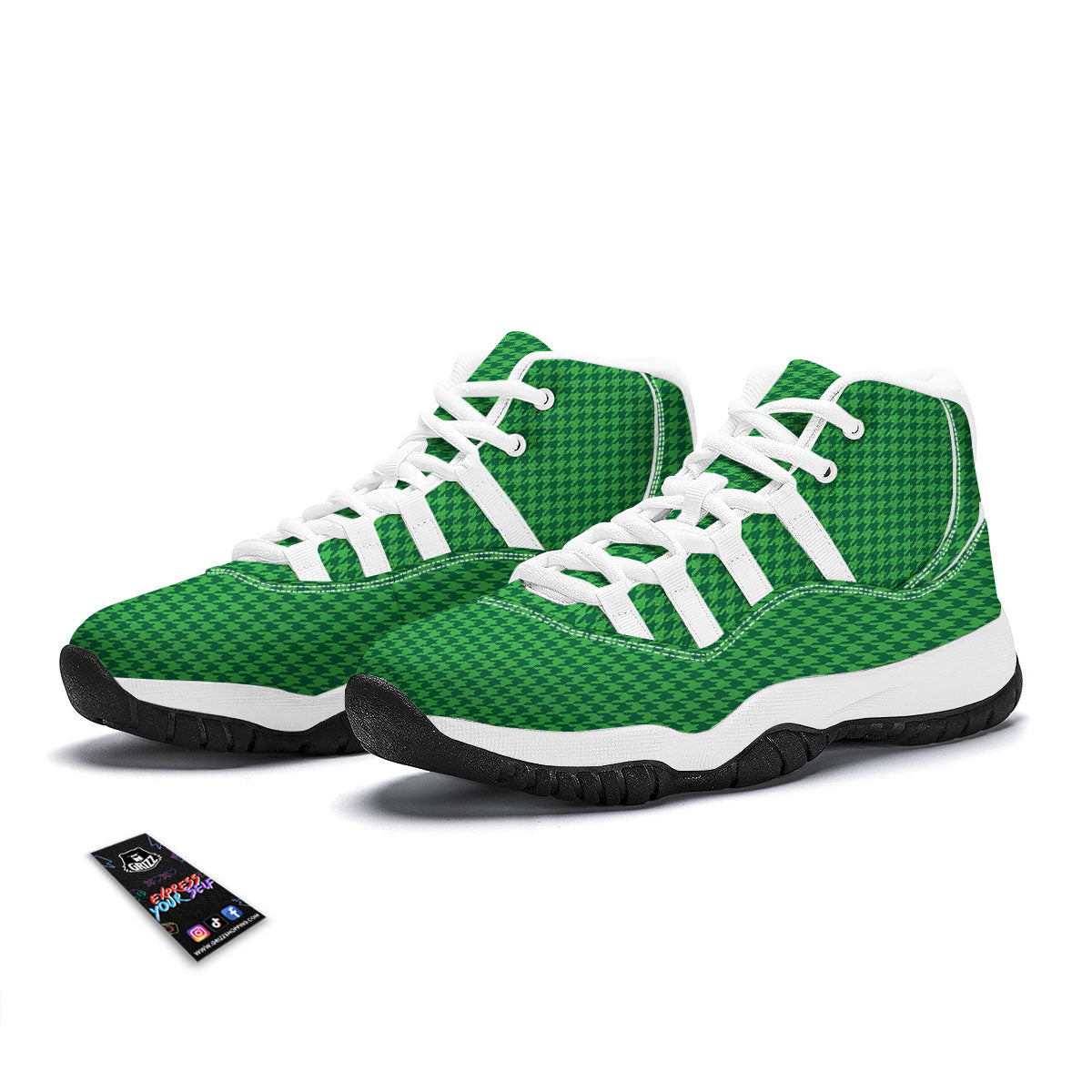 Houndstooth Green Print Pattern White Bball Shoes-grizzshop