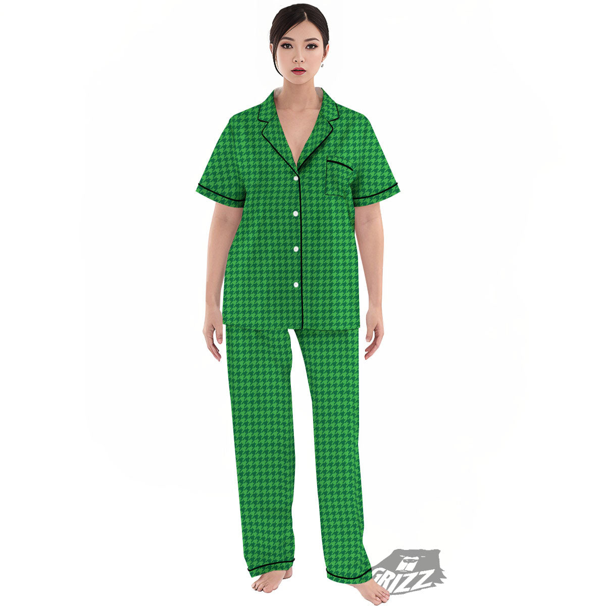 Houndstooth Green Print Pattern Women's Pajamas Set-grizzshop