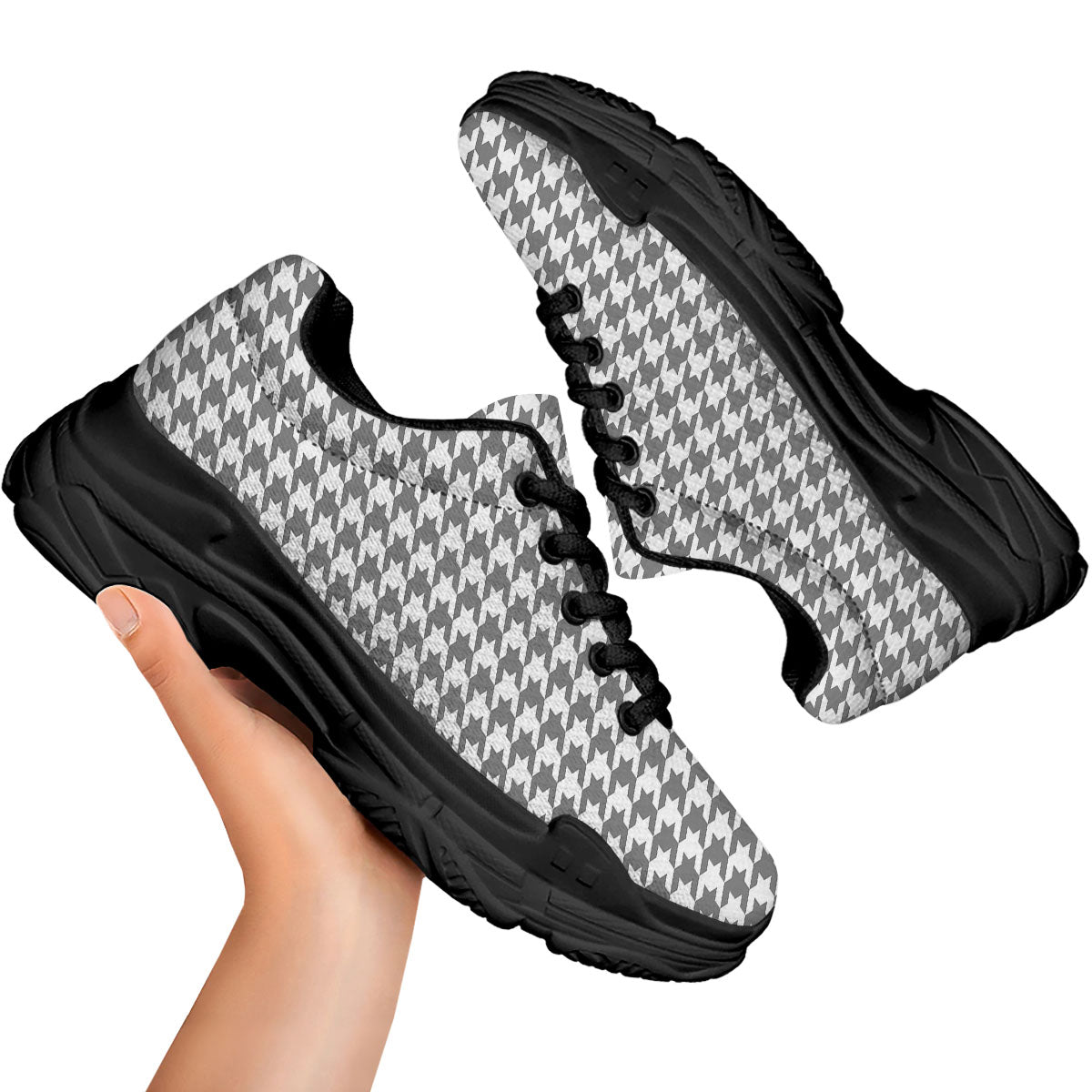 Houndstooth Grey Print Pattern Black Chunky Shoes-grizzshop