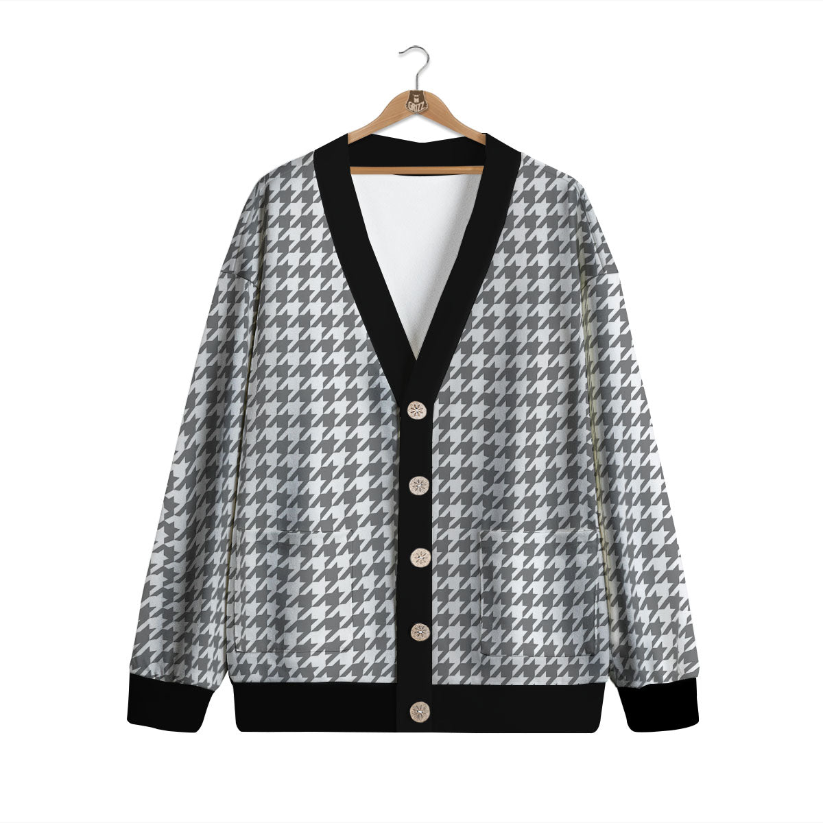 Houndstooth Grey Print Pattern Cardigan-grizzshop