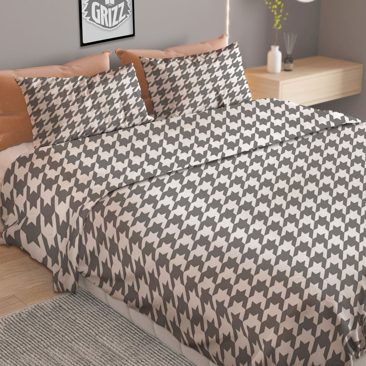 Houndstooth Grey Print Pattern Duvet Cover Bedding Set
