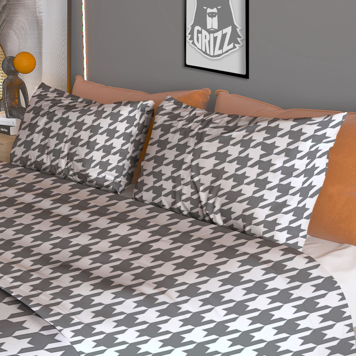 Houndstooth Grey Print Pattern Duvet Cover Bedding Set