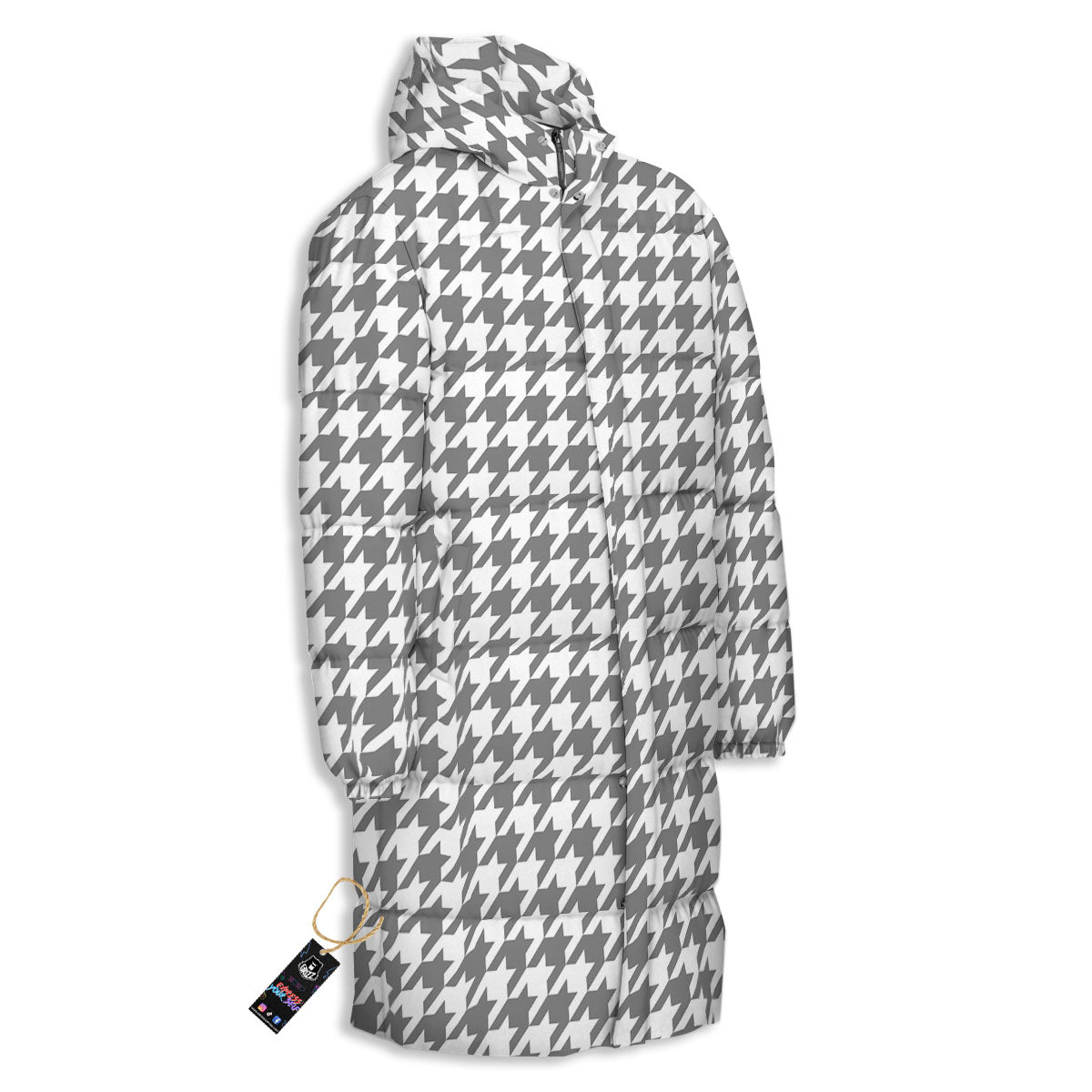 Houndstooth Grey Print Pattern Long Down Jacket-grizzshop