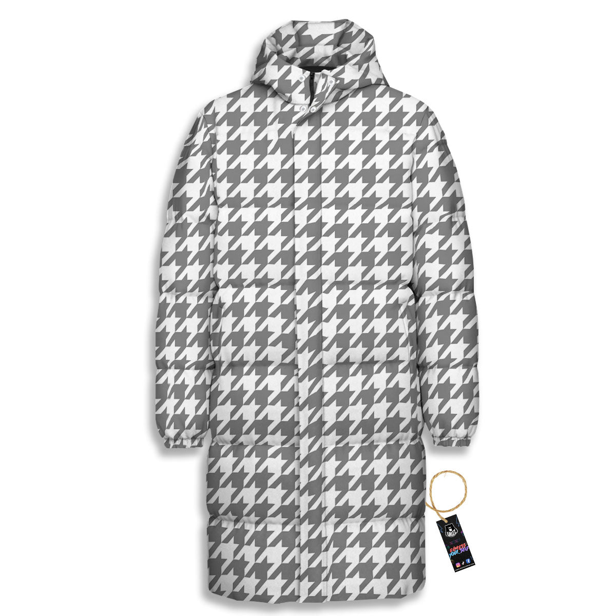 Houndstooth Grey Print Pattern Long Down Jacket-grizzshop