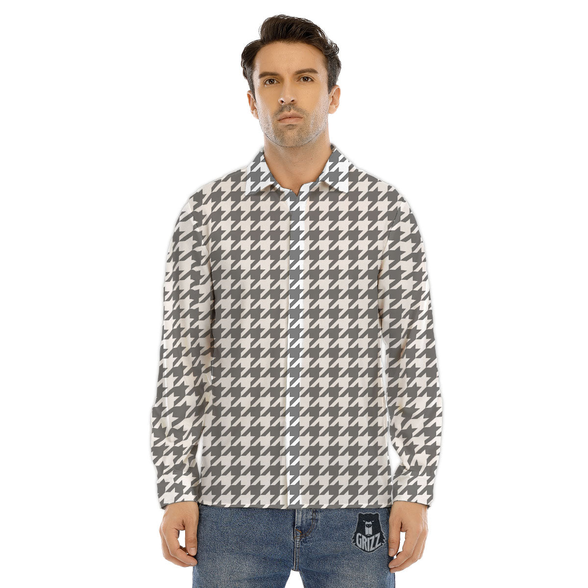 Houndstooth Grey Print Pattern Men's Dress Shirts-grizzshop