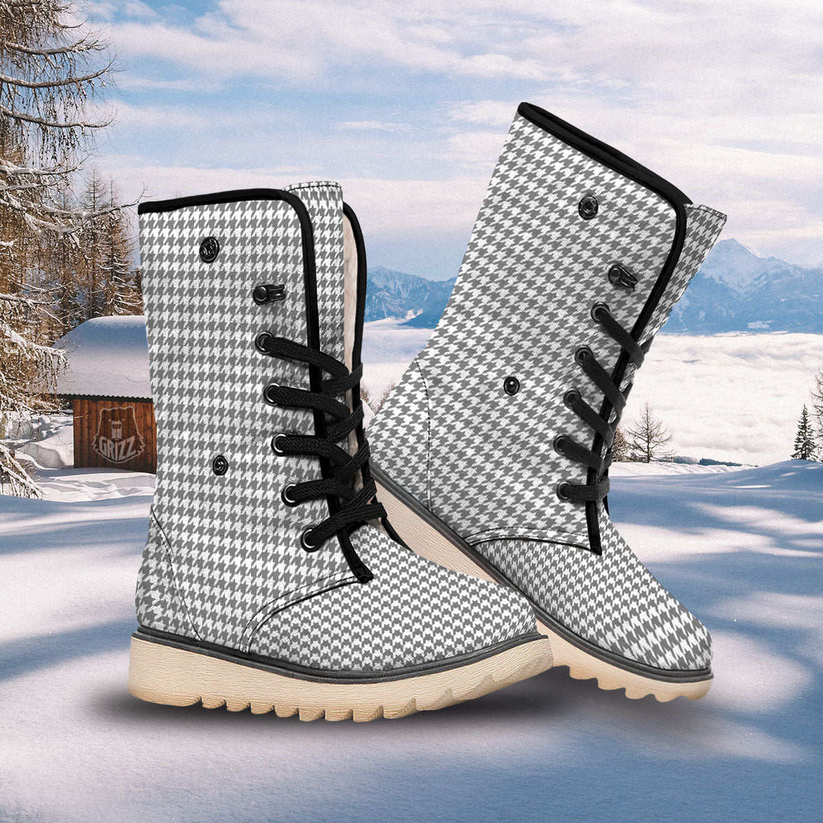 Houndstooth Grey Print Pattern Snow Boots-grizzshop