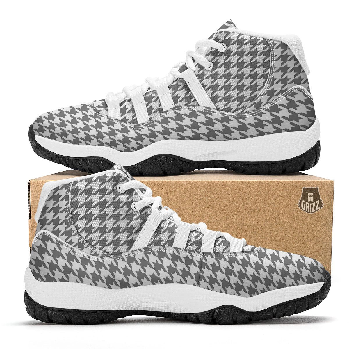 Houndstooth Grey Print Pattern White Bball Shoes-grizzshop