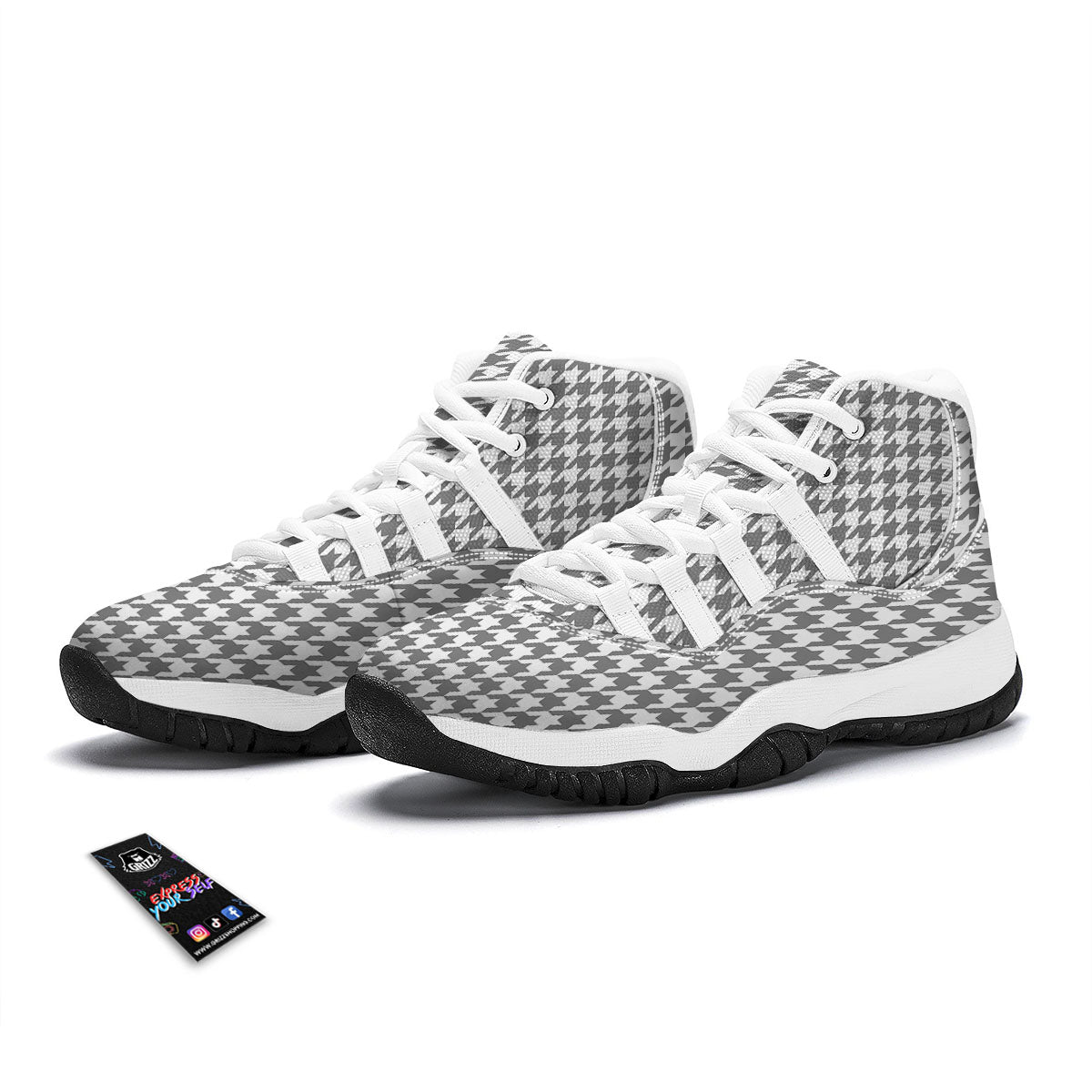Houndstooth Grey Print Pattern White Bball Shoes-grizzshop