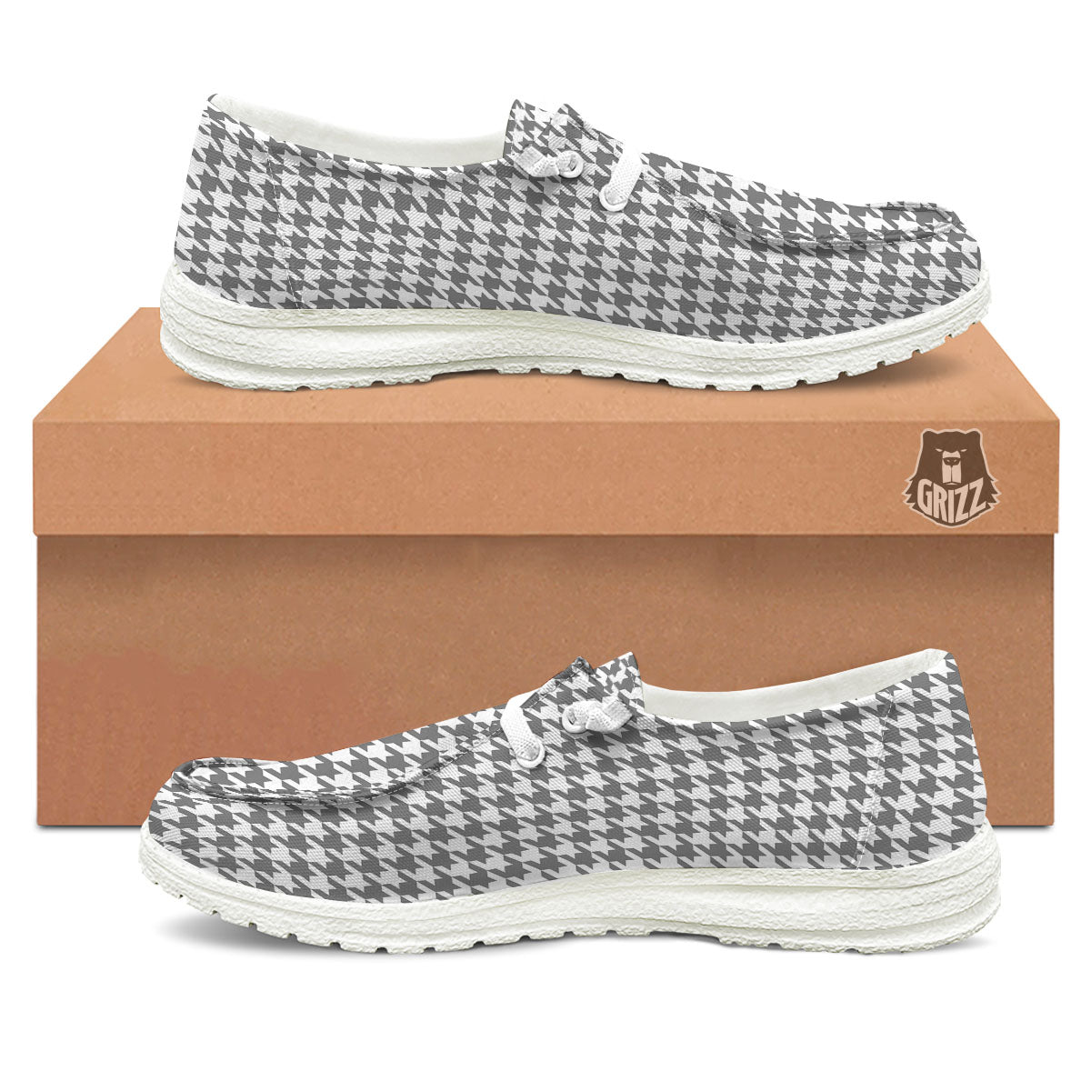 Houndstooth Grey Print Pattern White Loafers-grizzshop