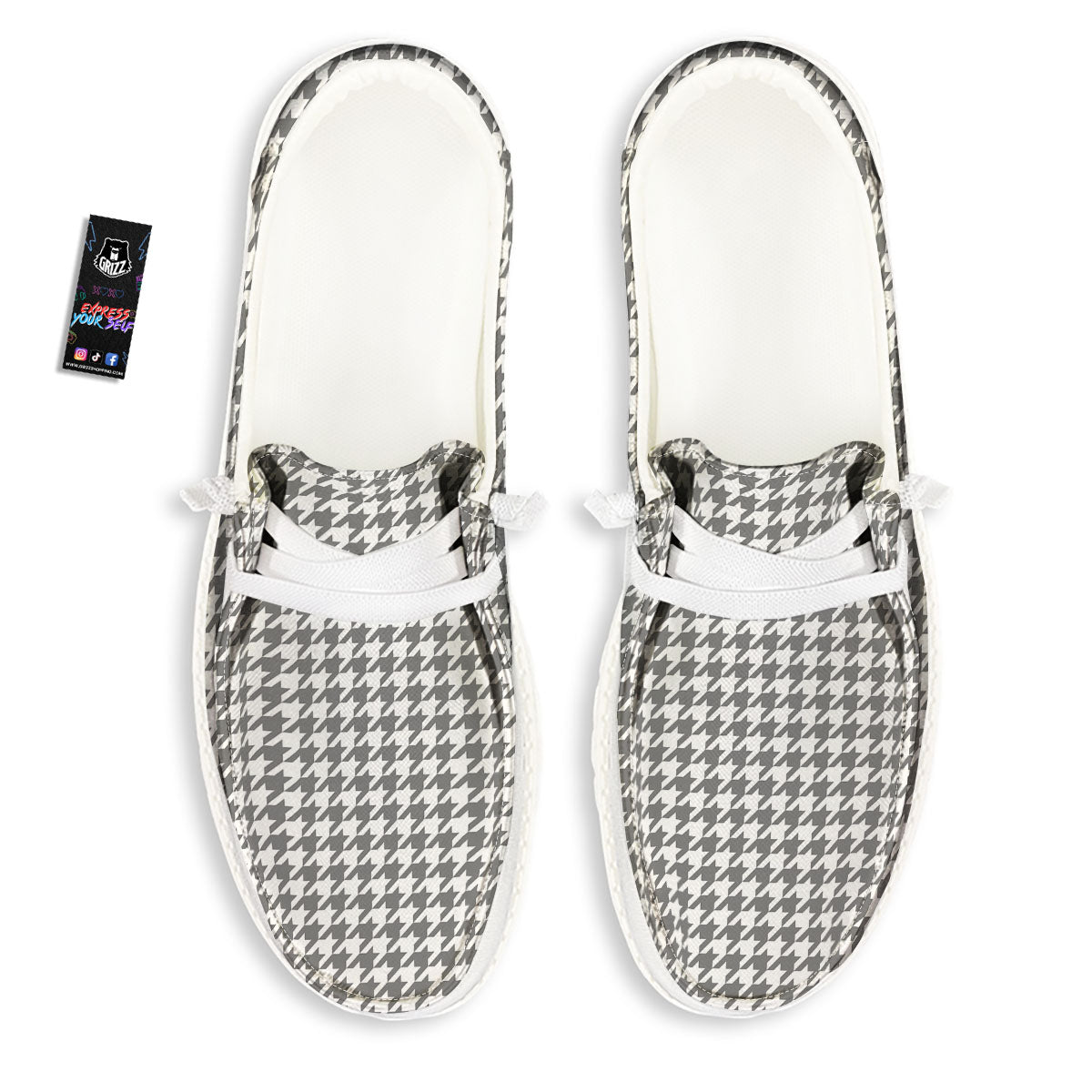 Houndstooth Grey Print Pattern White Loafers-grizzshop