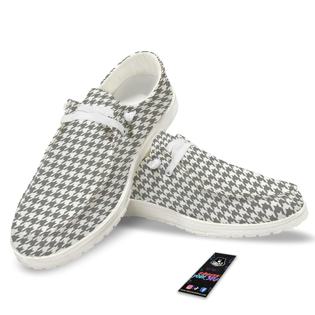 Houndstooth Grey Print Pattern White Loafers-grizzshop