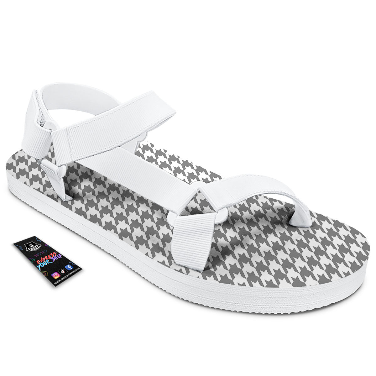 Houndstooth Grey Print Pattern White Open Toe Sandals-grizzshop