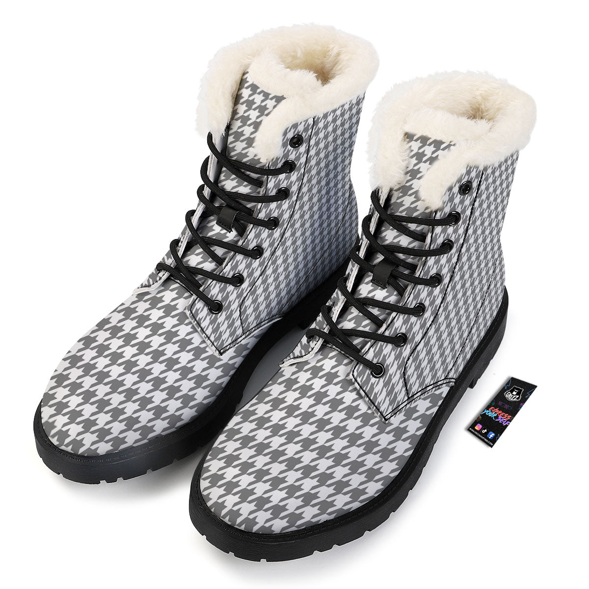 Houndstooth Grey Print Pattern Winter Boots-grizzshop