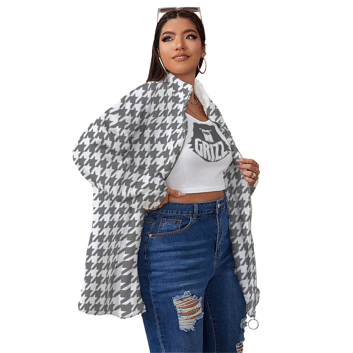 Houndstooth Grey Print Pattern Women's Sherpa Jacket-grizzshop