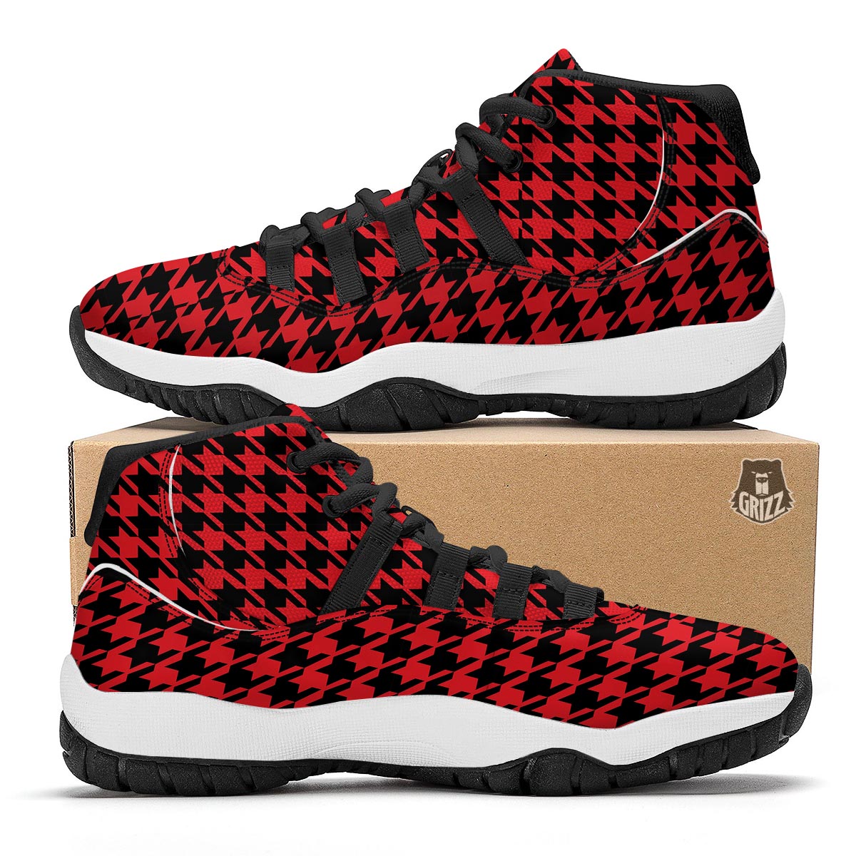 Houndstooth Pattern Print Black Bball Shoes-grizzshop