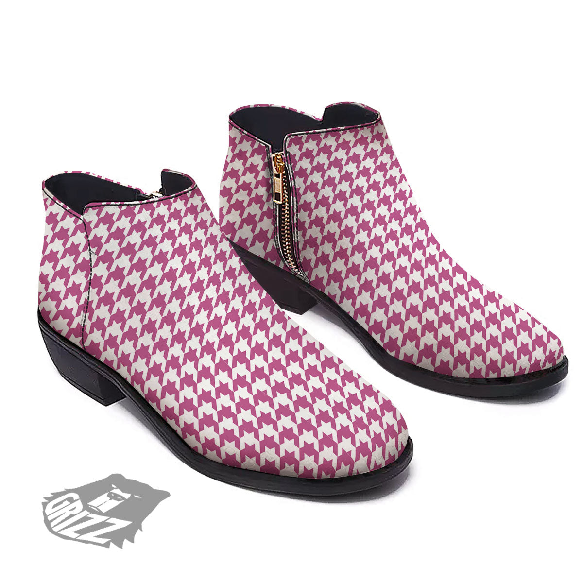 Houndstooth Pink Print Pattern Ankle Boots-grizzshop