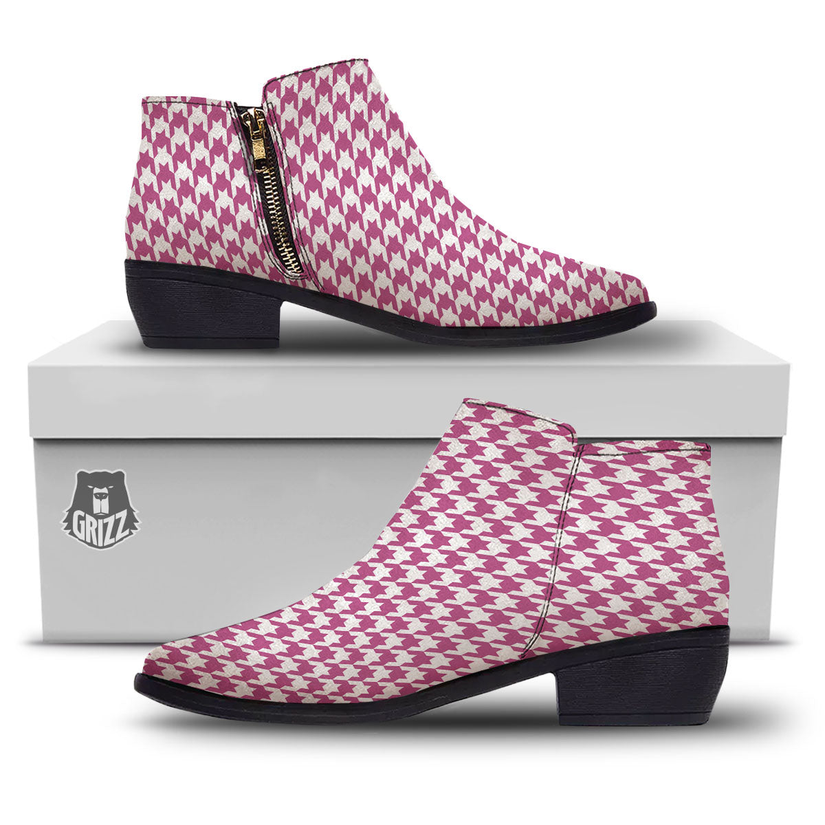 Houndstooth Pink Print Pattern Ankle Boots-grizzshop