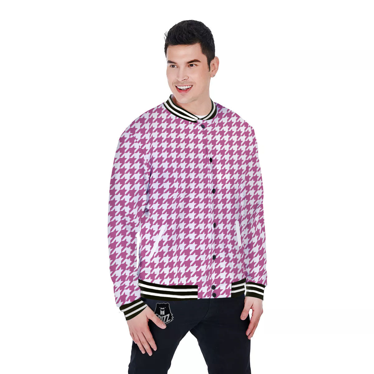 Houndstooth Pink Print Pattern Baseball Jacket-grizzshop