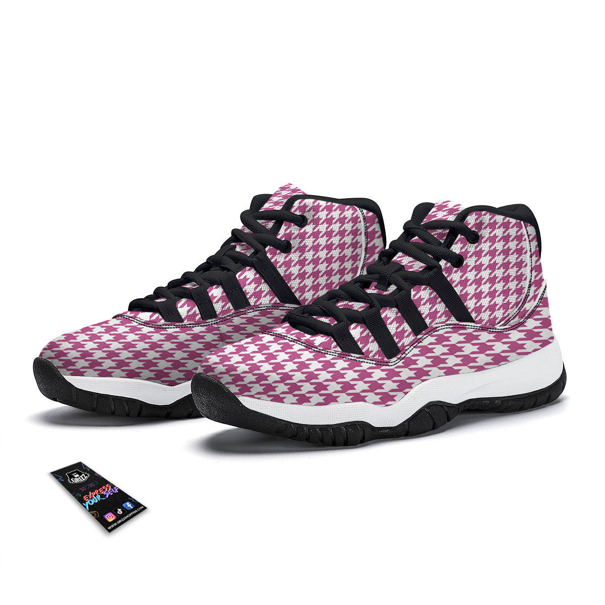 Houndstooth Pink Print Pattern Black Bball Shoes-grizzshop